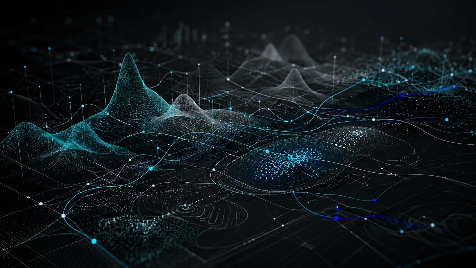 Abstract quantitative research field representing distributions, correlations and signal paths